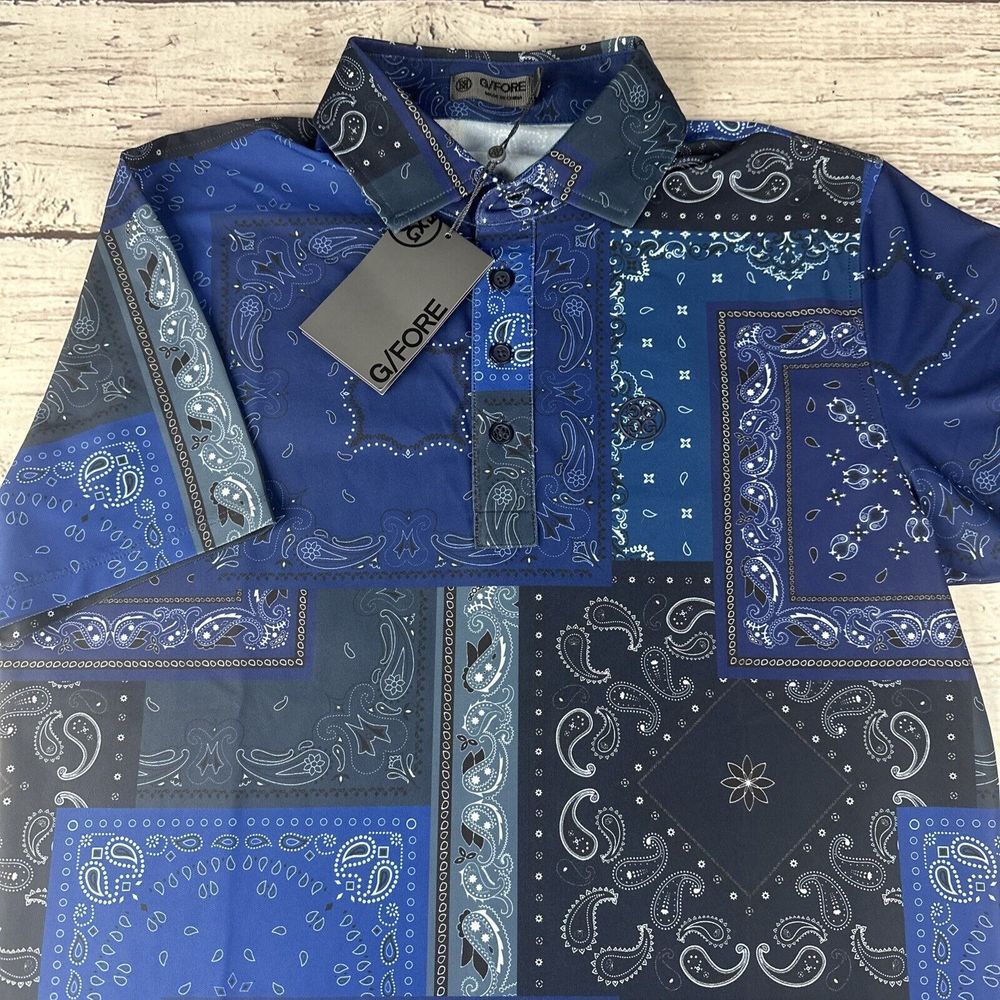New G/Fore G4 Golf Shirt Polo Paisley Print Sleeve Logo Small Blue NWT MSRP $120